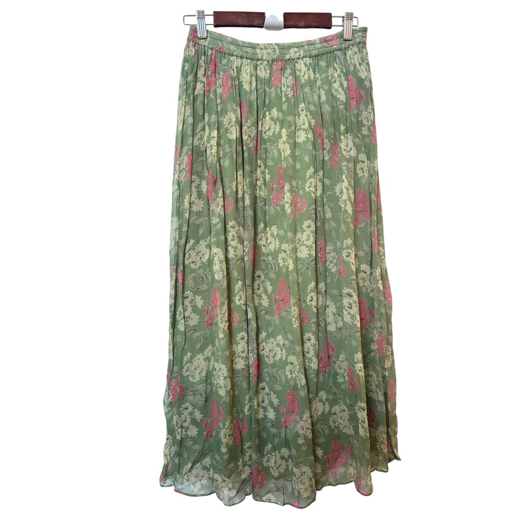 Gap Vintage 100% Silk Floral Maxi Skirt Green Pink Cotton Lined Medium